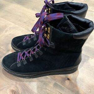J Crew women’s black combat boots size 11 purple shoe laces round toe high top
